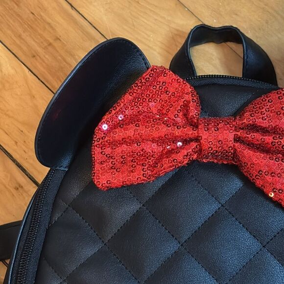 Disney Minnie Mouse Black Quilted Faux Leather Backpack with Ears and sequins - Picture 2 of 9